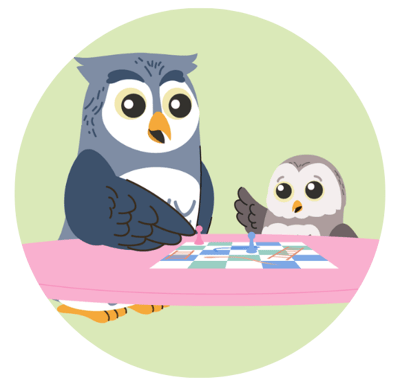 animated owl playing chess with owlet