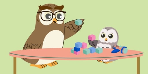 animated owl with owlet playing with blocks