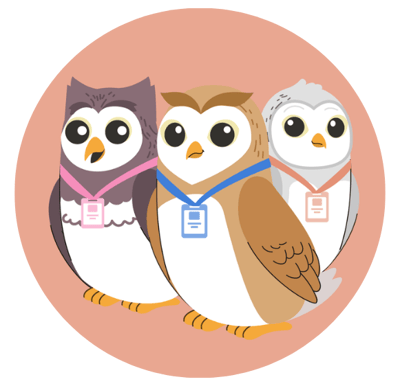 animated owls with tags around neck