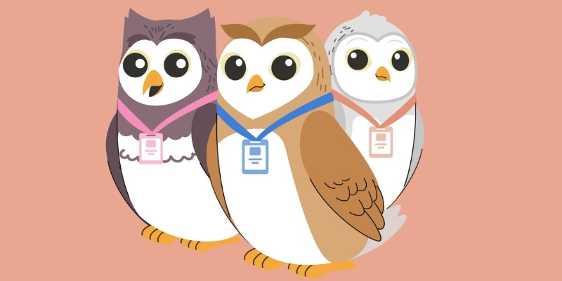 animated owls with tags around neck