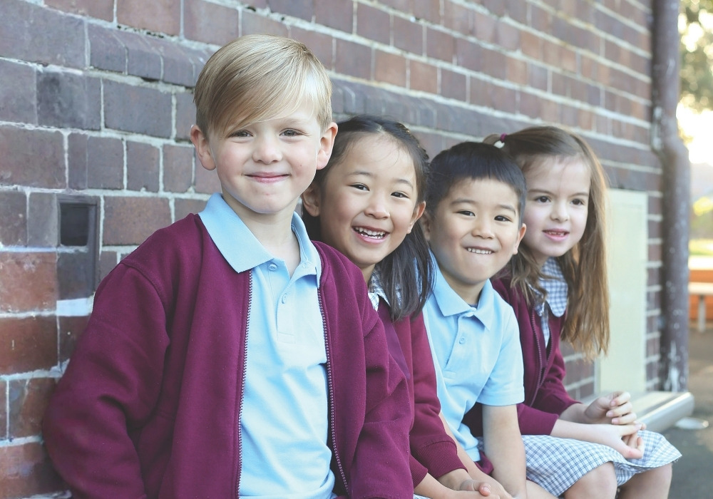 catholic school kids outside school building