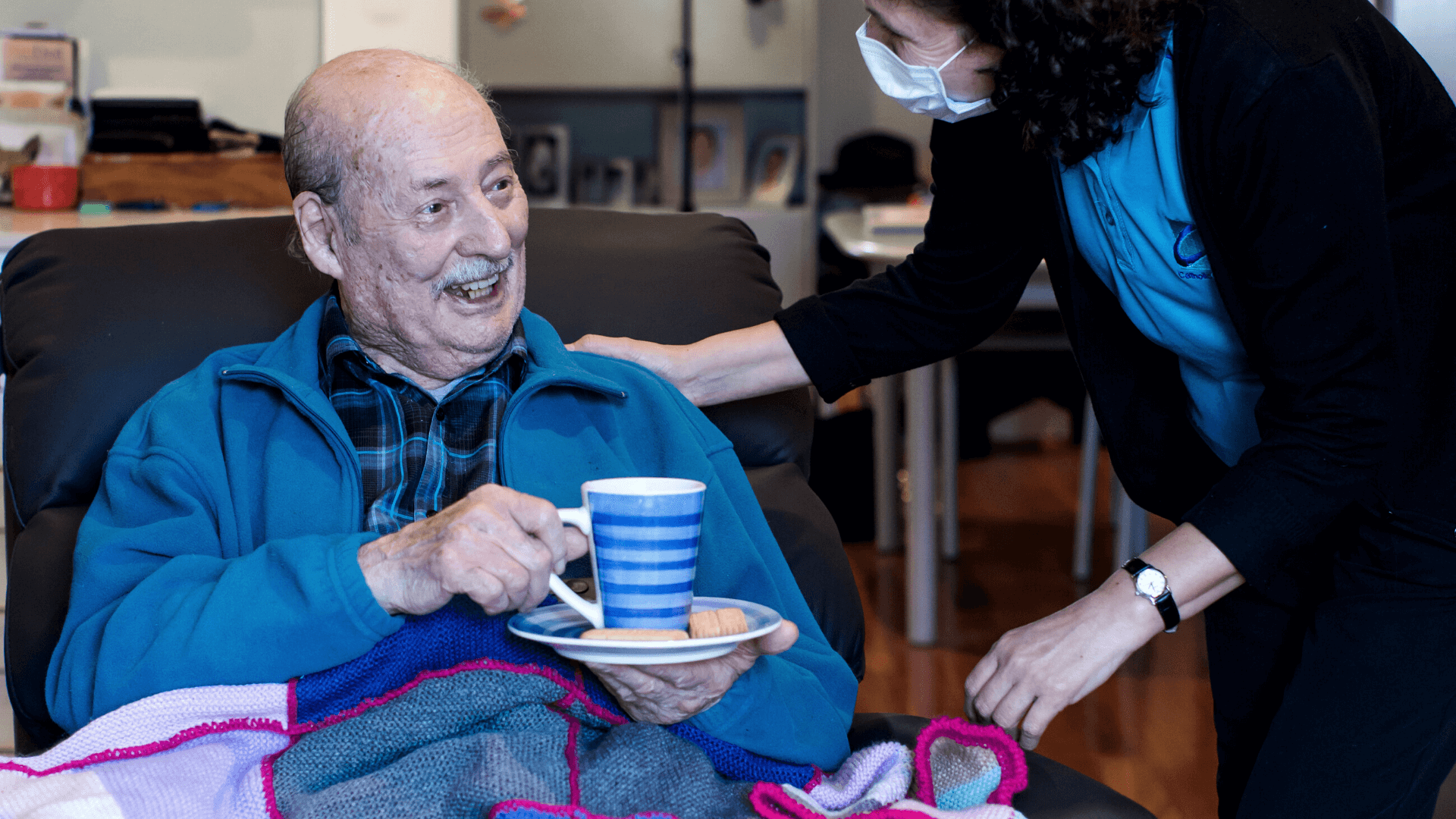 Barry receives a blanket as part of the Keep It Cozy campaign